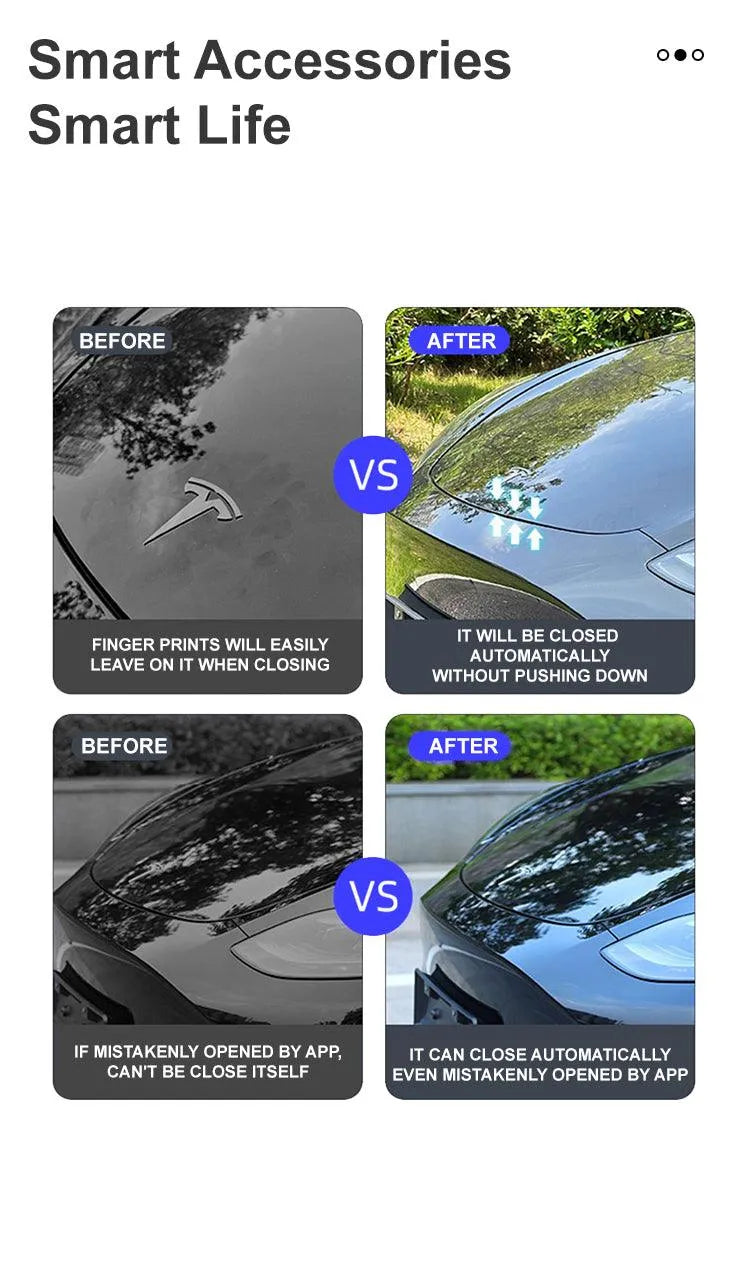 Tesla Model 3 & Y Auto Soft Closing Frunk Automatic Front Trunk Before and After difference Tesla Model 3 & Y Auto Soft Closing Frunk Automatic Front Trunk Before and After difference