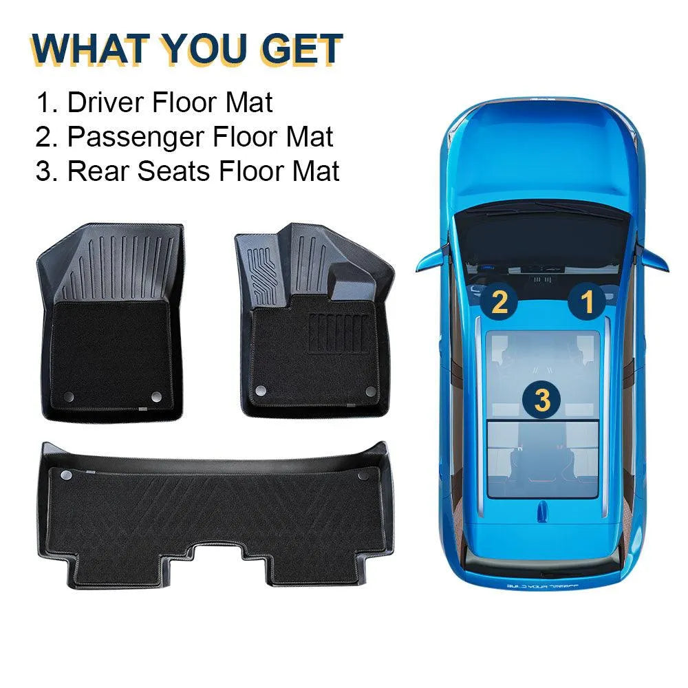 An illustration showing what is included in the package, it includes driver floor mat, passenger floor mat and rear seats floor mat for byd atto 3. An illustration showing what is included in the package, it includes driver floor mat, passenger floor mat and rear seats floor mat for byd atto 3.