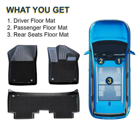 An illustration showing what is included in the package, it includes driver floor mat, passenger floor mat and rear seats floor mat for byd atto 3. An illustration showing what is included in the package, it includes driver floor mat, passenger floor mat and rear seats floor mat for byd atto 3.