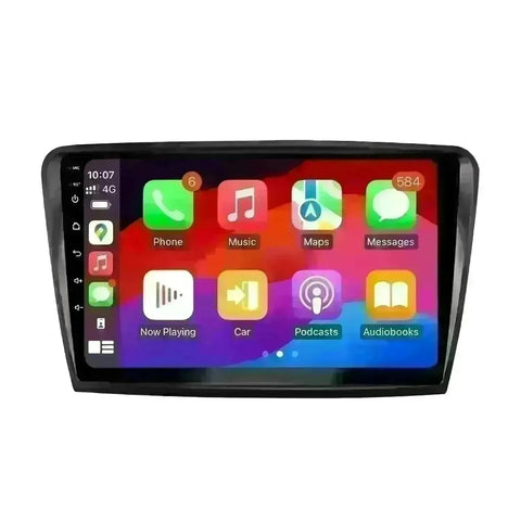 The image shows a car infotainment system displaying the Apple CarPlay interface. The screen features various app icons including Phone, Music, Maps, Messages, Now Playing, Car, Podcasts, and Audiobooks. The status bar at the top indicates the time as 10:07, the presence of a 4G connection, and signal strength. Additionally, there are notifications visible, such as 6 unread messages and 584 unread messages in the Messages app. The screen is surrounded by head unit. The image shows a car infotainment system displaying the Apple CarPlay interface. The screen features various app icons including Phone, Music, Maps, Messages, Now Playing, Car, Podcasts, and Audiobooks. The status bar at the top indicates the time as 10:07, the presence of a 4G connection, and signal strength. Additionally, there are notifications visible, such as 6 unread messages and 584 unread messages in the Messages app. The screen is surrounded by head unit.