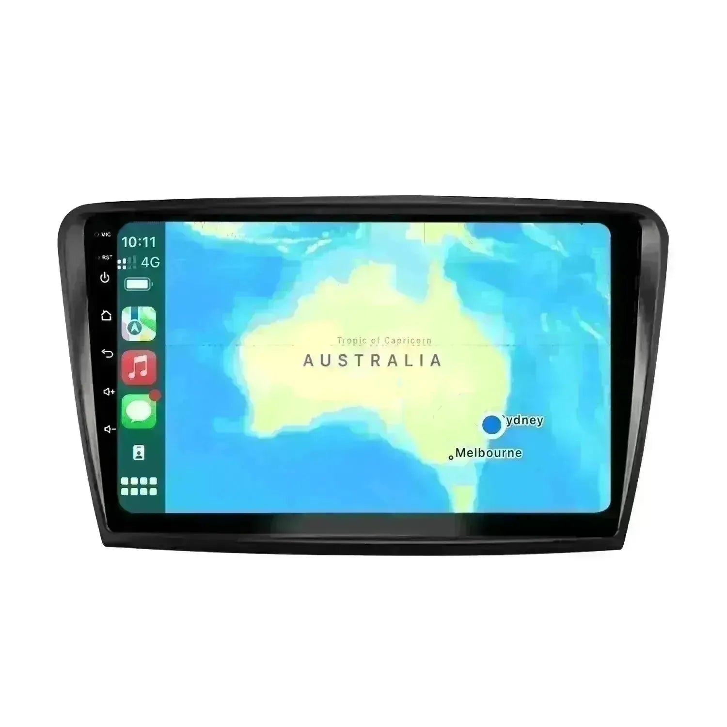 An in-car display screen showing the Apple CarPlay interface with various apps like Phone, Music, Maps, Messages, Now Playing, Car, Podcasts, and Audiobooks. The display shows 4G connectivity, time, and other control icons on the left side. Right hand side shows the Map Display, a car head unit screen displaying a map of Australia with marked locations of Sydney and Melbourne, featuring Apple CarPlay icons on the left side and 4G connectivity with the time displayed at the top. An in-car display screen showing the Apple CarPlay interface with various apps like Phone, Music, Maps, Messages, Now Playing, Car, Podcasts, and Audiobooks. The display shows 4G connectivity, time, and other control icons on the left side. Right hand side shows the Map Display, a car head unit screen displaying a map of Australia with marked locations of Sydney and Melbourne, featuring Apple CarPlay icons on the left side and 4G connectivity with the time displayed at the top.