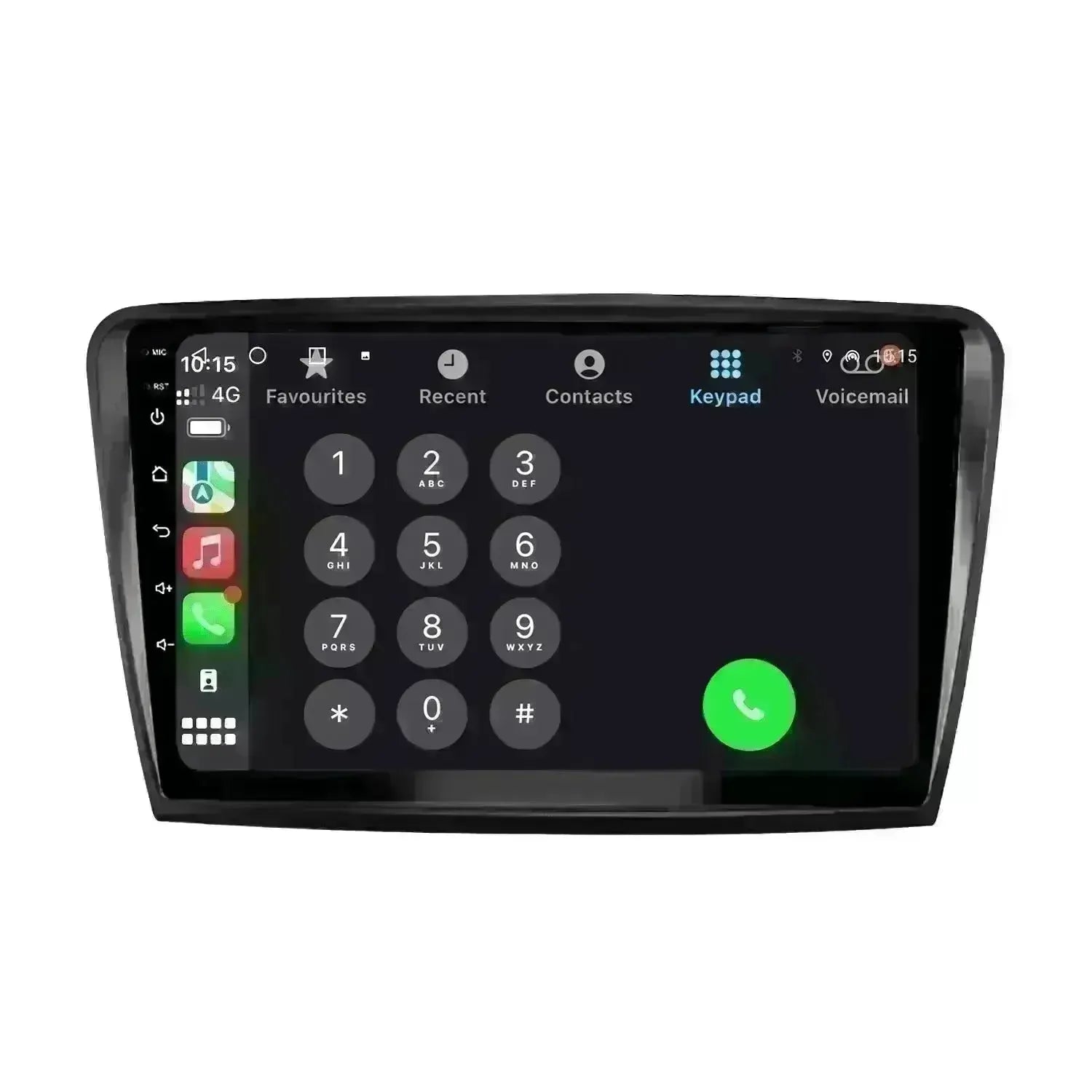 Car multimedia head unit displaying the Apple CarPlay phone interface with a keypad for dialing numbers. The screen shows options for Favourites, Recent, Contacts, Keypad, and Voicemail, with a time of 10:15 and a 4G signal indicator. Car multimedia head unit displaying the Apple CarPlay phone interface with a keypad for dialing numbers. The screen shows options for Favourites, Recent, Contacts, Keypad, and Voicemail, with a time of 10:15 and a 4G signal indicator.