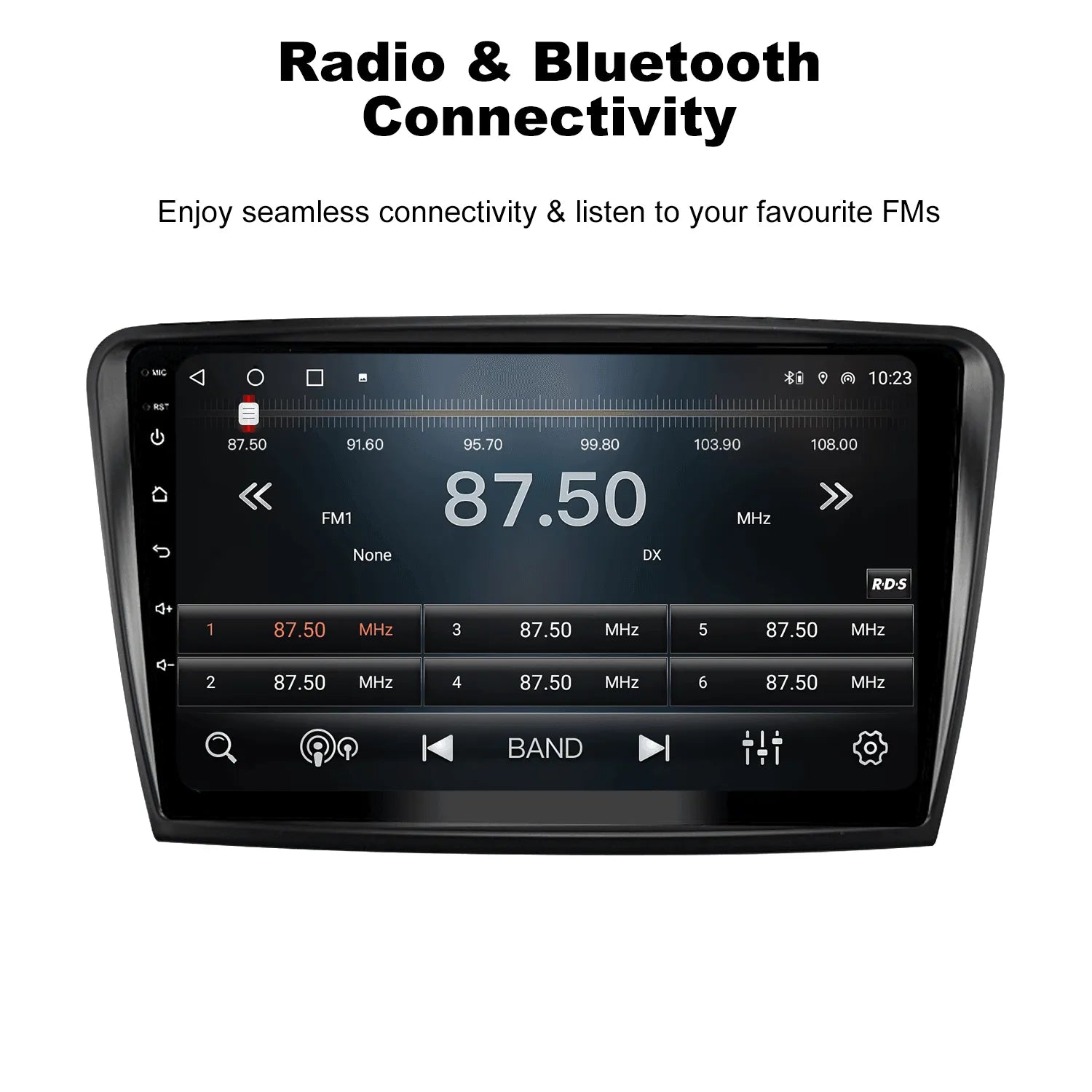 A photo highlights the feature of this upgrade kit. A message, "Enjoy seamless connectivity & listen to your favorite FMs," is placed under the title "Radio & Bluetooth Connectivity." A photo highlights the feature of this upgrade kit. A message, "Enjoy seamless connectivity & listen to your favorite FMs," is placed under the title "Radio & Bluetooth Connectivity."