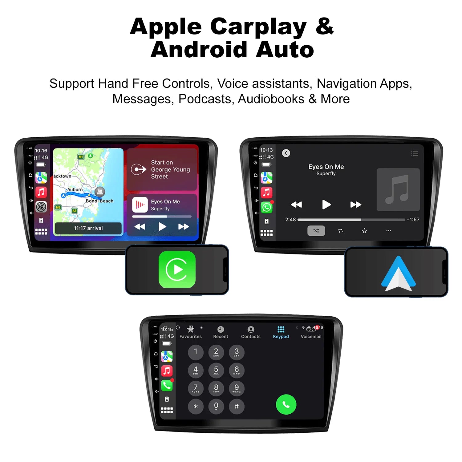 A photo highlights the feature of this upgrade kit. A message, "Support hands-free controls, voice assistants, navigation apps, messages, podcasts, audiobooks, & more," is placed under the title "Apple CarPlay & Android Auto." A photo highlights the feature of this upgrade kit. A message, "Support hands-free controls, voice assistants, navigation apps, messages, podcasts, audiobooks, & more," is placed under the title "Apple CarPlay & Android Auto."