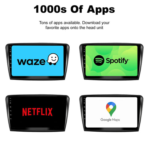A photo highlights the feature of this upgrade kit. A body message, "Tons of apps available. Download your favorite apps onto the head unit," is placed under the title "1000s of Apps." Screen displays of apps, including Waze, Spotify, Netflix, and Google Maps, are centrally featured in the photo. A photo highlights the feature of this upgrade kit. A body message, "Tons of apps available. Download your favorite apps onto the head unit," is placed under the title "1000s of Apps." Screen displays of apps, including Waze, Spotify, Netflix, and Google Maps, are centrally featured in the photo.