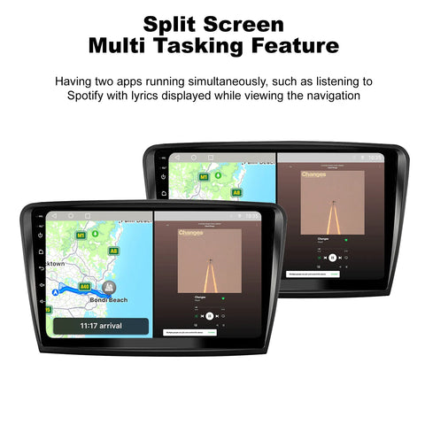 A photo highlights the feature of this upgrade kit. A message, "Having two apps running simultaneously, such as listening to Spotify with lyrics displayed while viewing the navigation," is placed under the title "Split Screen Multi-Tasking Feature". A photo highlights the feature of this upgrade kit. A message, "Having two apps running simultaneously, such as listening to Spotify with lyrics displayed while viewing the navigation," is placed under the title "Split Screen Multi-Tasking Feature".