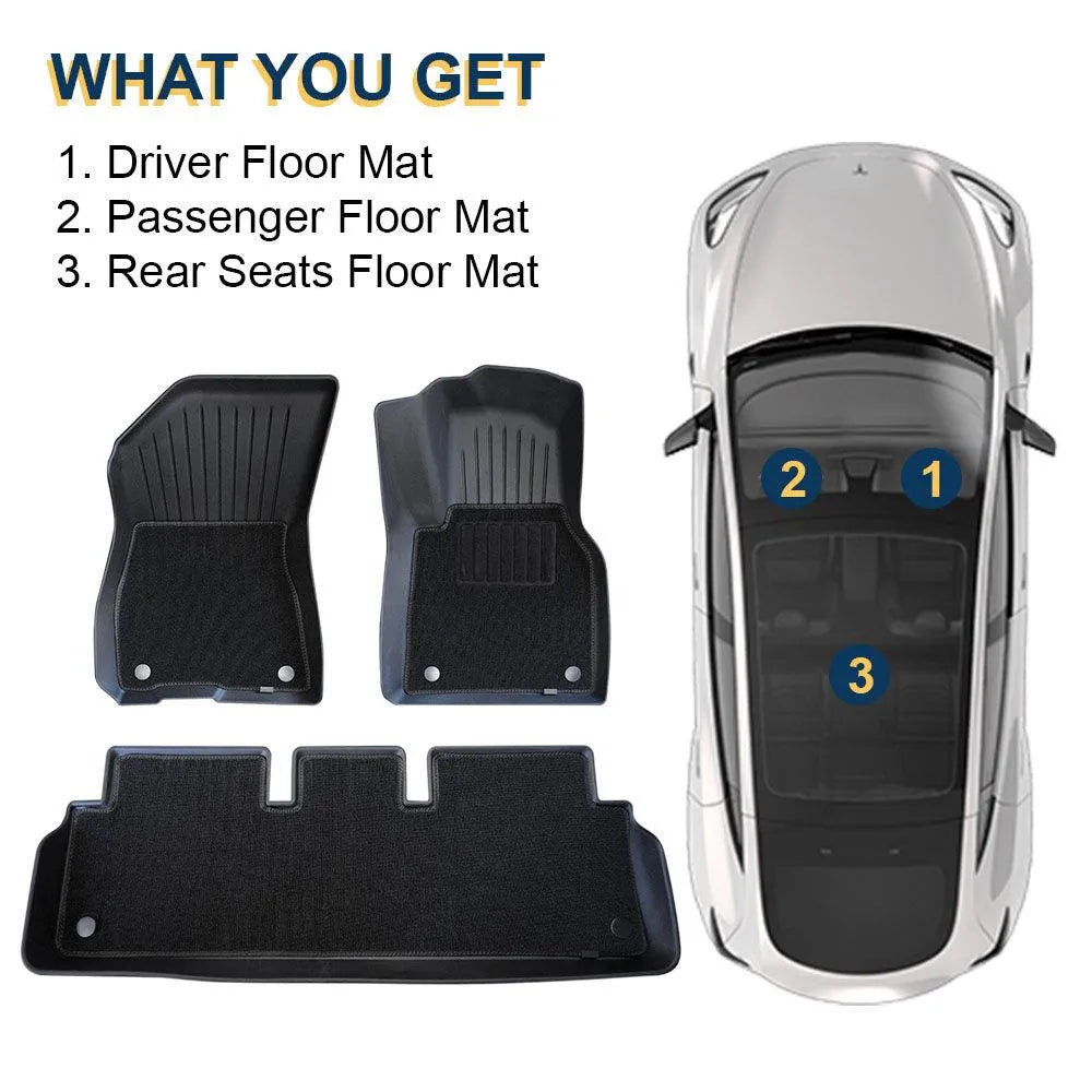 An illustration showing what is included in the package, it includes driver floor mat, passenger floor mat and rear seats floor mat for tesla model 3. An illustration showing what is included in the package, it includes driver floor mat, passenger floor mat and rear seats floor mat for tesla model 3.