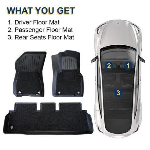 An illustration showing what is included in the package, it includes driver floor mat, passenger floor mat and rear seats floor mat for tesla model 3. An illustration showing what is included in the package, it includes driver floor mat, passenger floor mat and rear seats floor mat for tesla model 3.