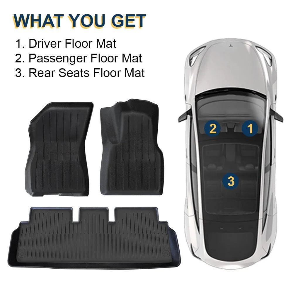 An illustration showing what is included in the package, it includes driver floor mat, passenger floor mat and rear seats floor mat for tesla model 3. An illustration showing what is included in the package, it includes driver floor mat, passenger floor mat and rear seats floor mat for tesla model 3.
