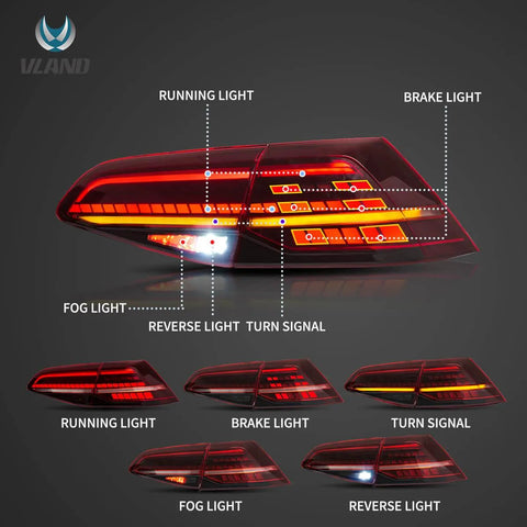 Volkswagen Golf MK7 MK7.5 Hatchback Vland LED Tail Lights with Sequential Turn Signal - gtzone Volkswagen Golf MK7 MK7.5 Hatchback Vland LED Tail Lights with Sequential Turn Signal - gtzone