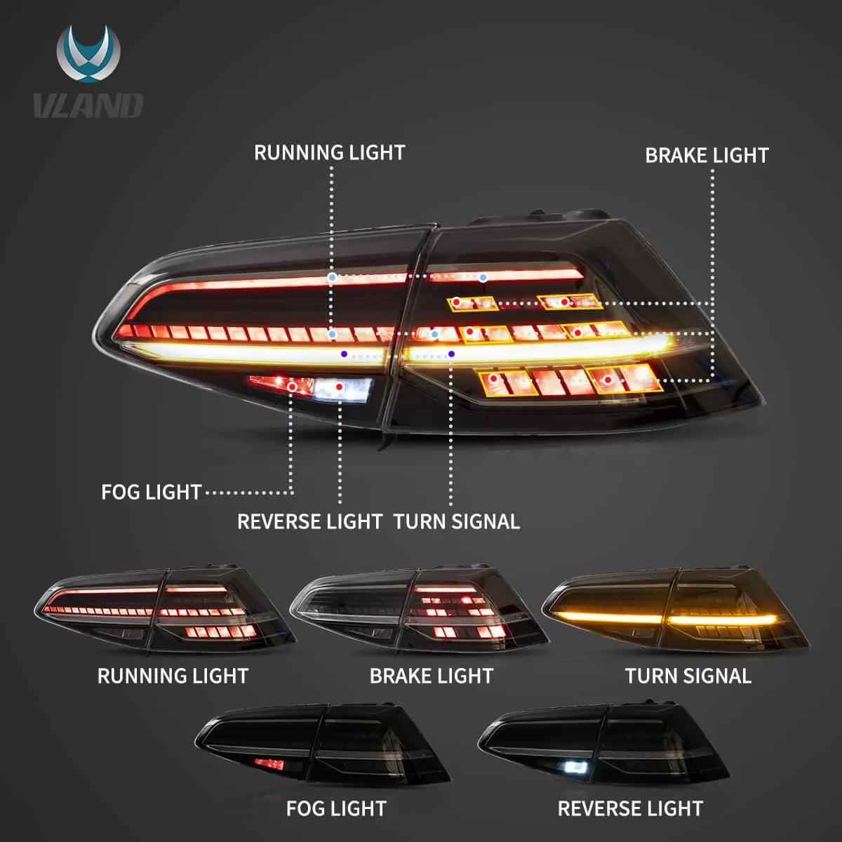 Volkswagen Golf MK7 MK7.5 Hatchback Vland LED Tail Lights with Sequential Turn Signal - gtzone Volkswagen Golf MK7 MK7.5 Hatchback Vland LED Tail Lights with Sequential Turn Signal - gtzone
