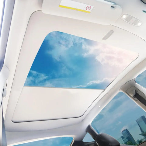 Bottom look of Tesla Model Y Electric Auto Close Roof Sunshade Bottom look of Tesla Model Y Electric Auto Close Roof Sunshade