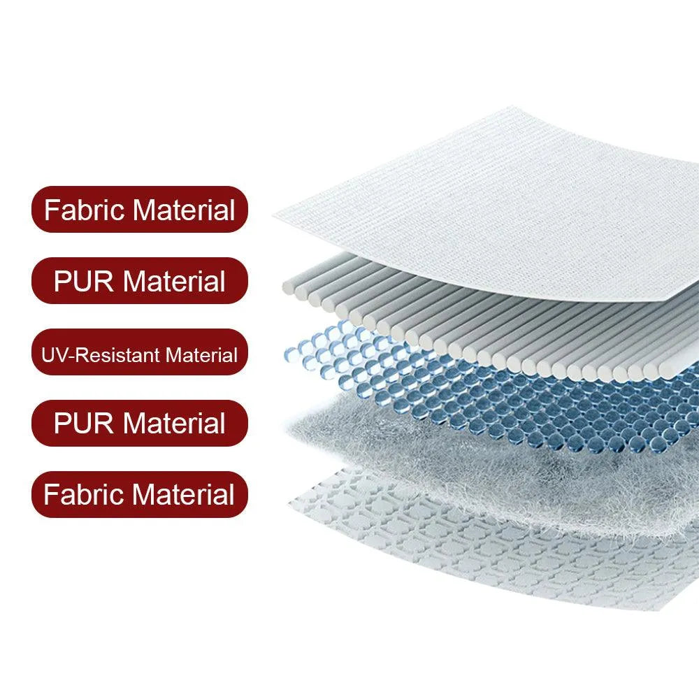 the sunshade comprises of 5 layers which are fabric material, pur material, uv-resistant material, pur material and fabric material. the sunshade comprises of 5 layers which are fabric material, pur material, uv-resistant material, pur material and fabric material.
