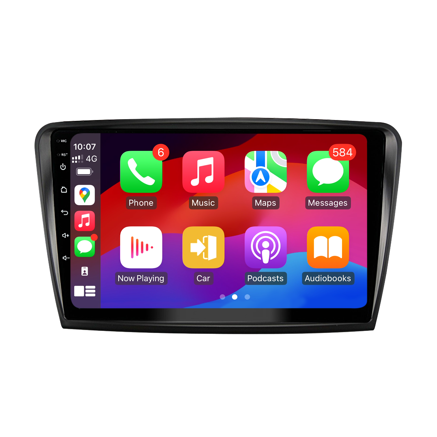 The image shows a car infotainment system displaying the Apple CarPlay interface. The screen features various app icons including Phone, Music, Maps, Messages, Now Playing, Car, Podcasts, and Audiobooks. The status bar at the top indicates the time as 10:07, the presence of a 4G connection, and signal strength. Additionally, there are notifications visible, such as 6 unread messages and 584 unread messages in the Messages app. The screen is surrounded by head unit.