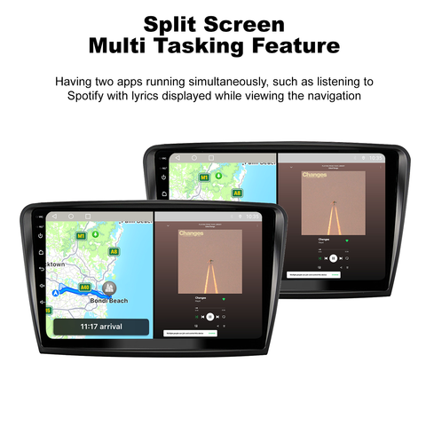 A photo highlights the feature of this upgrade kit. A message, "Having two apps running simultaneously, such as listening to Spotify with lyrics displayed while viewing the navigation," is placed under the title "Split Screen Multi-Tasking Feature".