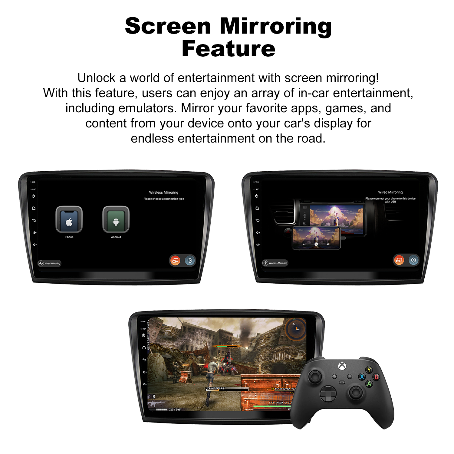 A photo highlights the feature of this upgrade kit, a message "Unlock a world of entertainment with screen mirroring! With this feature, users can enjoy an array of in-car entertainment, including emulators. Mirror your favorite apps, games, and content from your device onto your car's display for endless entertainment on the road." is placed under the title "Screen Mirroring Feature". Users can Wirelessly mirror phones or connect via USB.