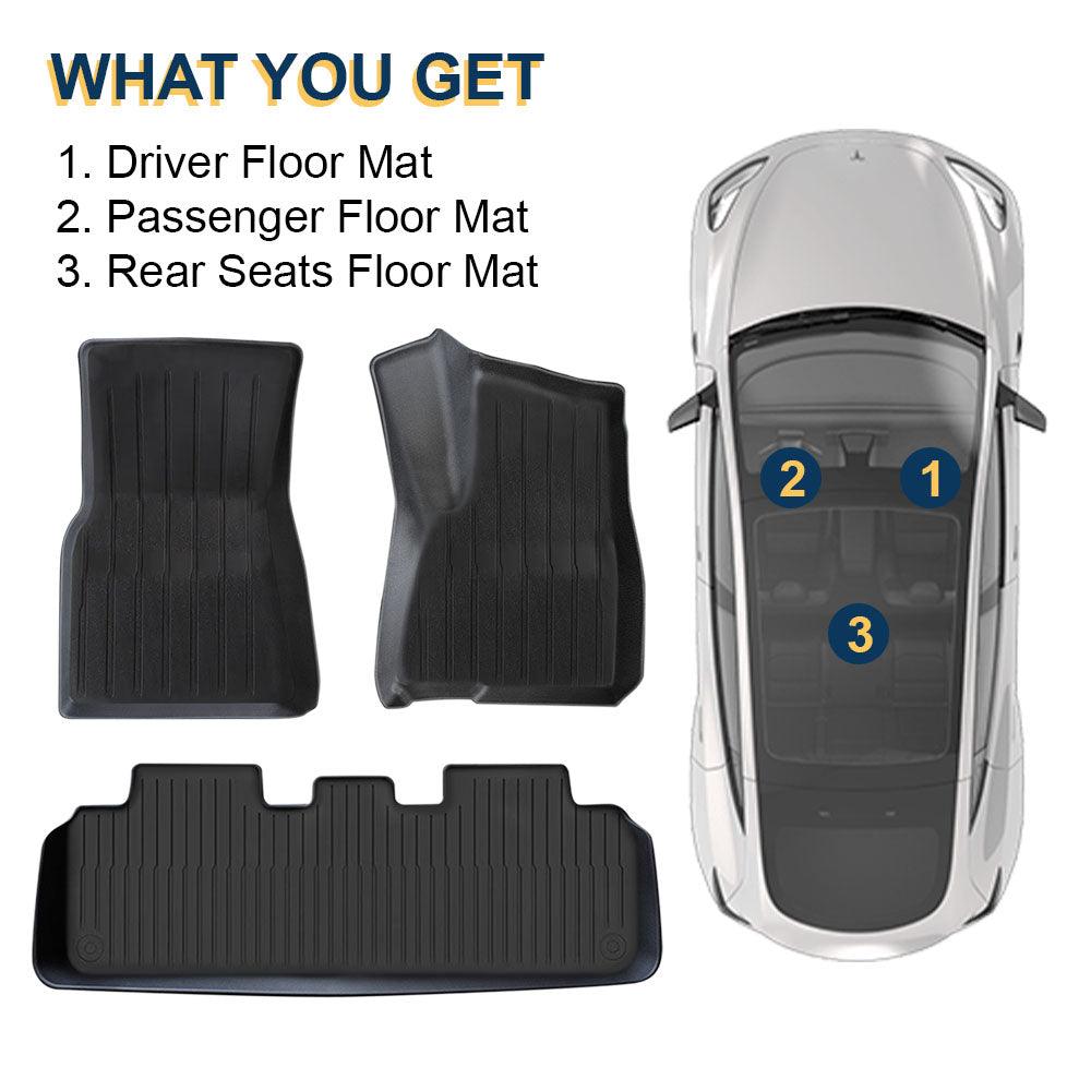 An illustration showing what is included in the package, it includes driver floor mat, passenger floor mat and rear seats floor mat for tesla model y.