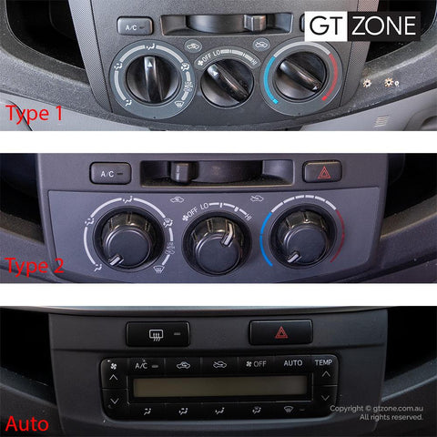 Toyota Hilux Carplay Android Auto Head Unit Stereo 2005-2015 which different types, 2 manual rotating buttons for climate control and botton is automatic display integrated with many feature buttons 